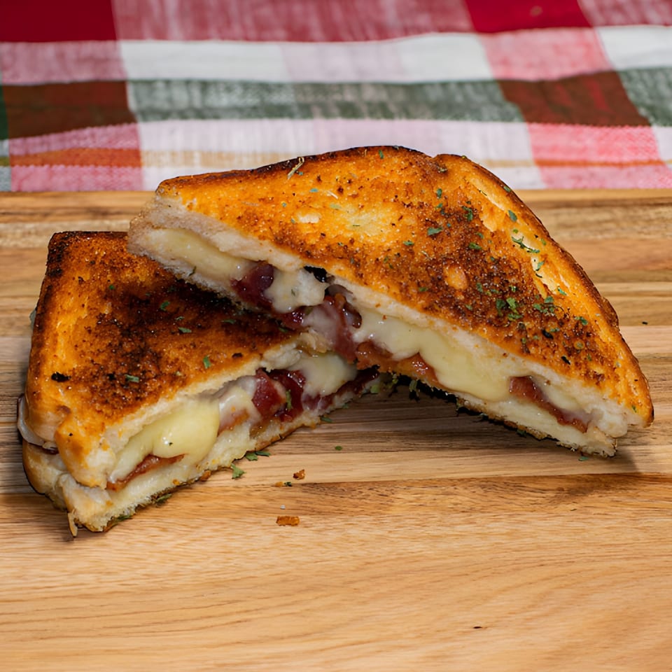 Two halves of a grilled cheese sandwich with melted cheese and bacon on a wooden board.