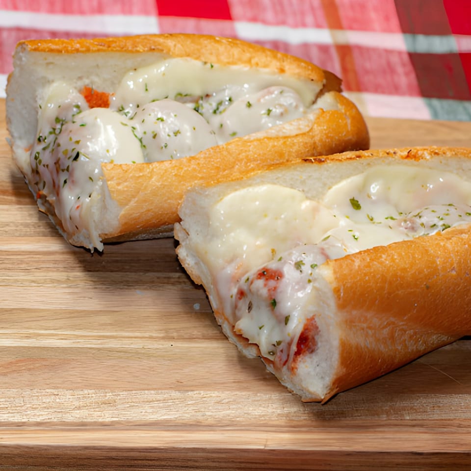 Two Super Fratelli's meatball subs with melted cheese and herbs on a wooden board.